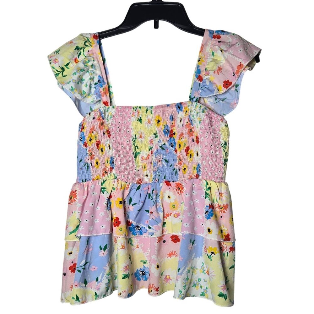 Womens Pastel Floral Patchwork‎ Smocked Tiered Top Size Medium Cottage Boho